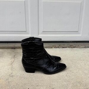 BLACK MOCK-CROCK WESTERN ANKLE BOOTS
